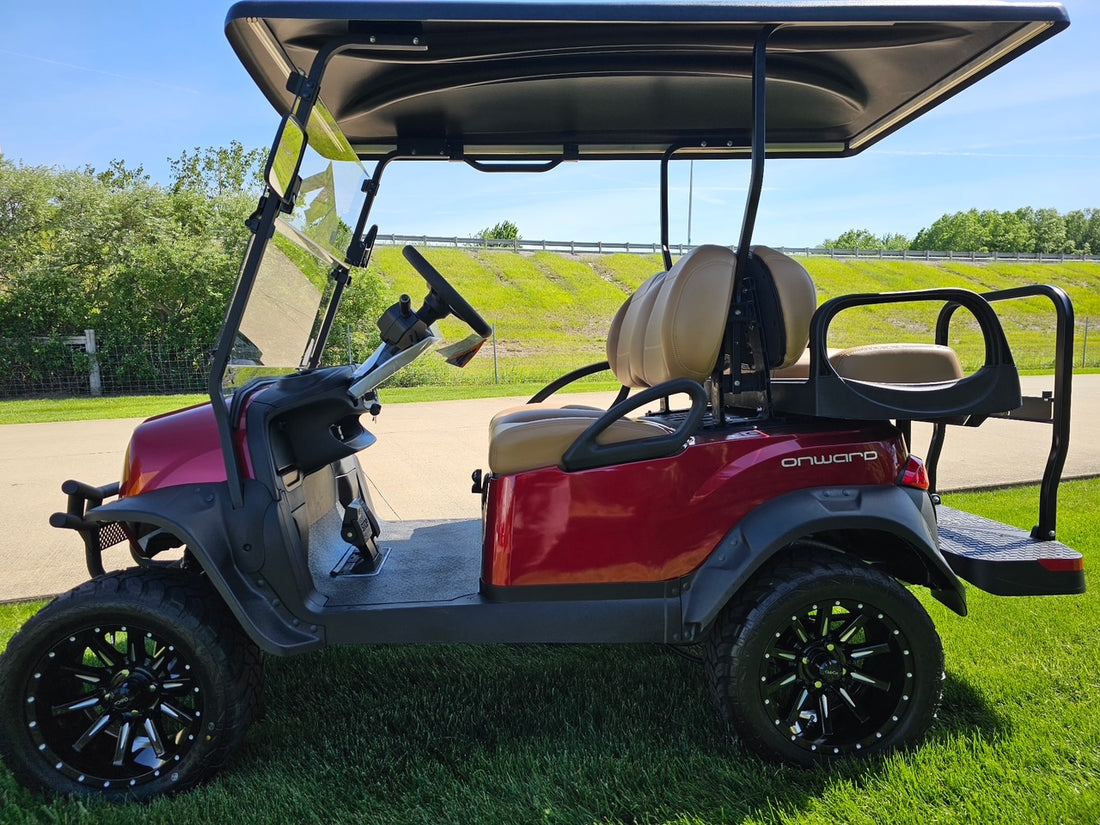 2027 Candy Apple Red Club Car Onward Lifted Gas Four Passenger Golf Cart