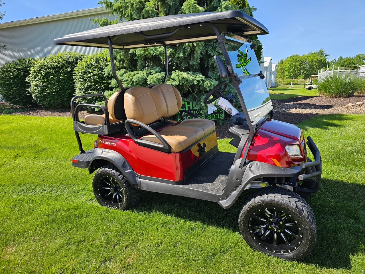 2027 Candy Apple Red Club Car Onward Lifted Gas Four Passenger Golf Cart