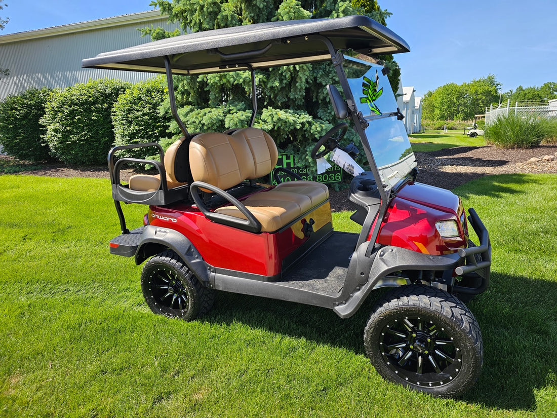 2027 Candy Apple Red Club Car Onward Lifted Gas Four Passenger Golf Cart