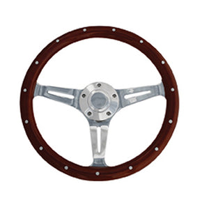 14" Euro Steering Wheel Real Wood Rim With Chrome Spokes